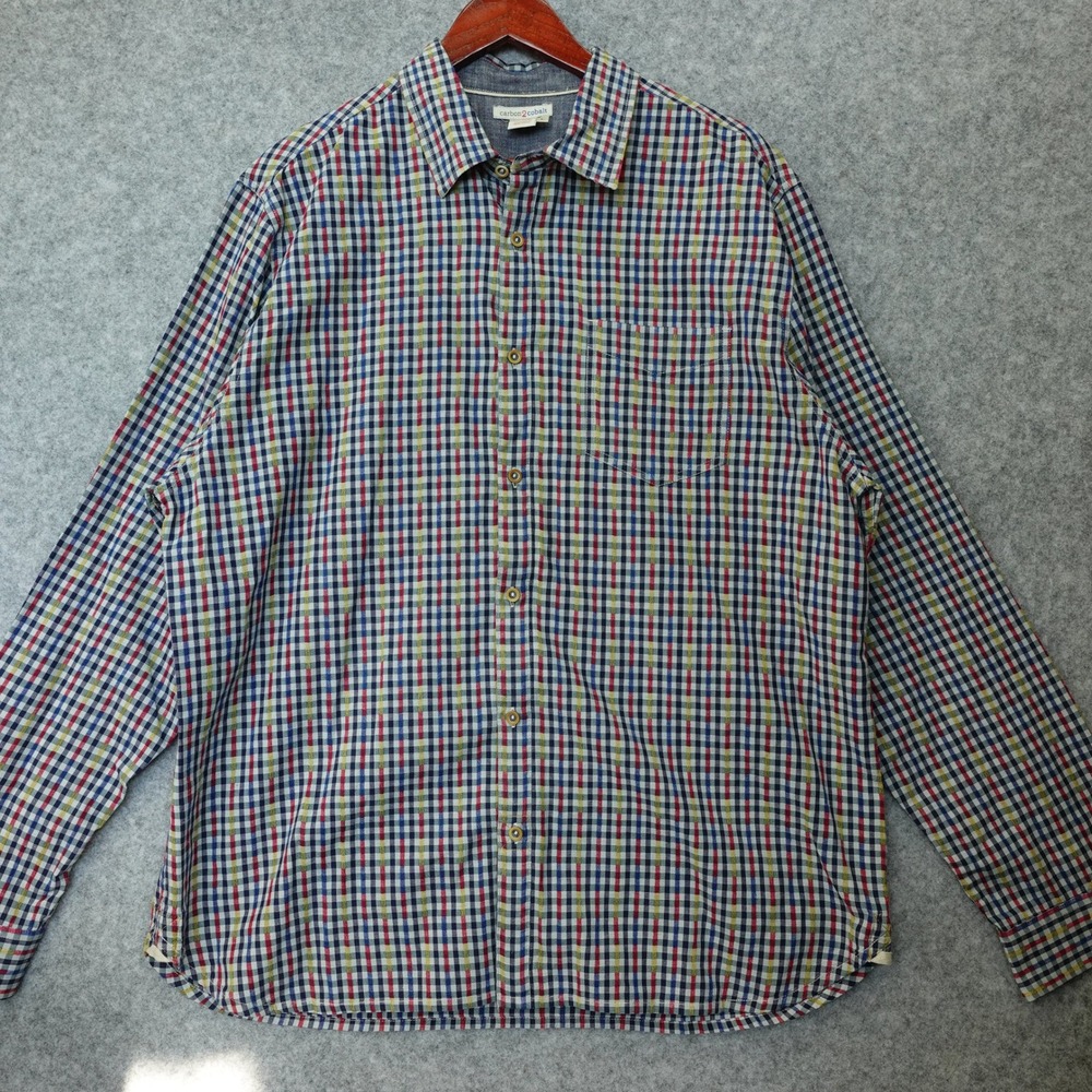 Gingham Button Up Shirt Mens LARGE Blue Multi Check Fall Rustic CARBON 2 COBALT